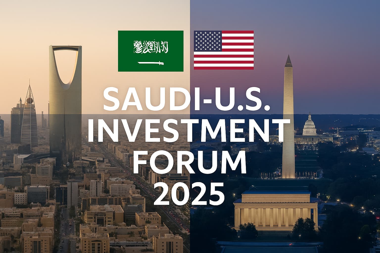 A designed graphic marking the Saudi-U.S. Investment Forum 2025, split between Riyadh's skyline with the Kingdom Centre Tower and Washington D.C.'s National Mall at dusk, with the Saudi and U.S. flags above the title.