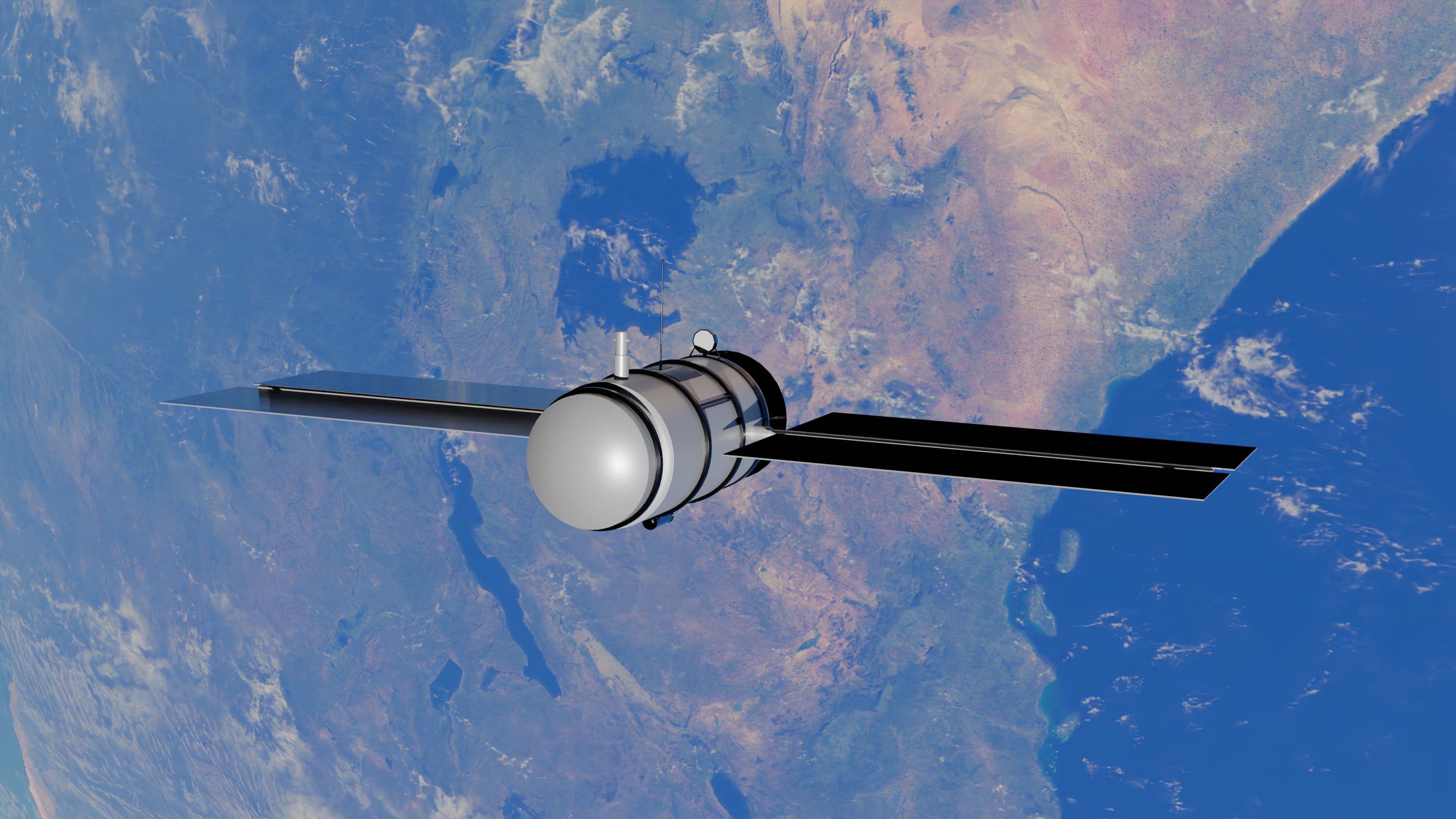 Illustration of a satellite orbiting Earth above cloud cover