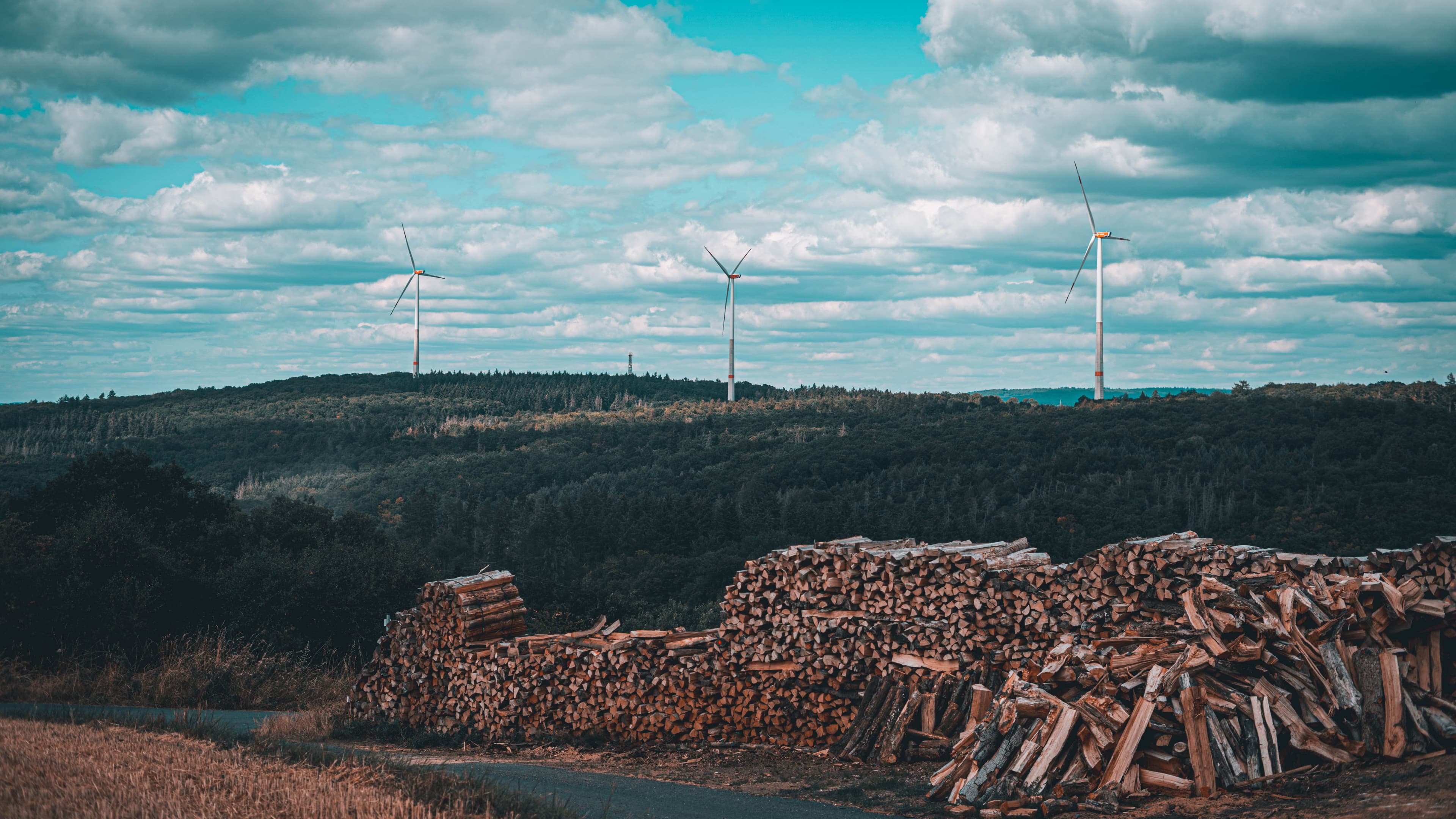 Wind turbines on a forested ridge above a large stacked firewood pile